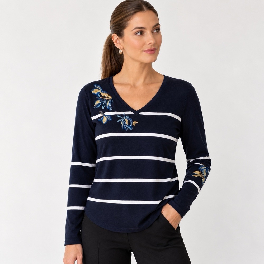 Chicos Top Long Sleeve Size S Navy Floral Embroidered Striped V Neck Cotton